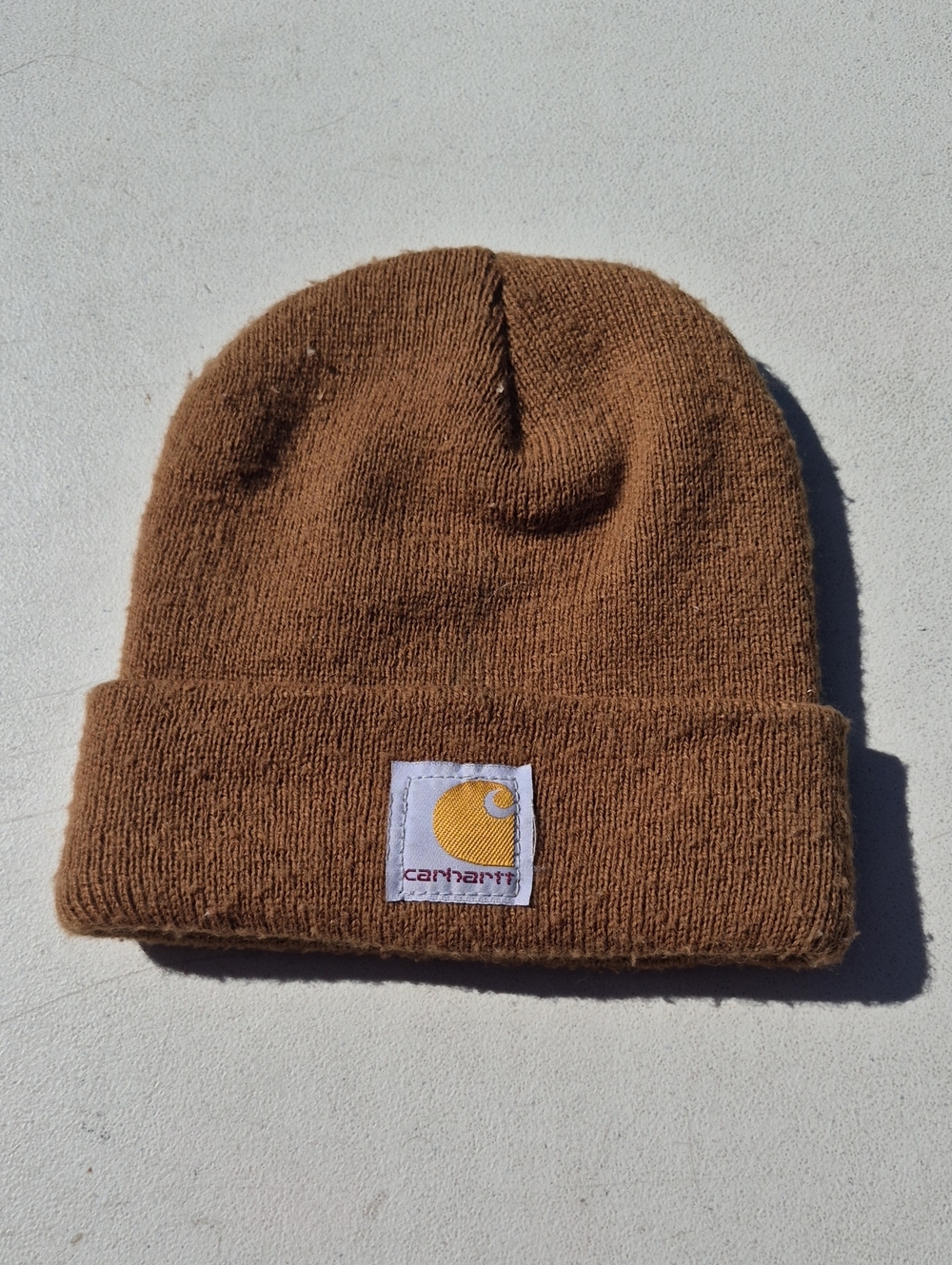 Carhartt Kids Knit Cuffed Beanie in Brown with Yellow Logo